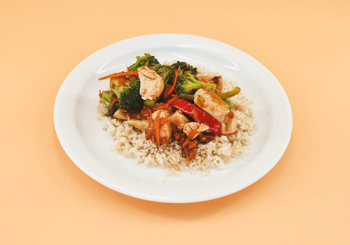  Chicken pieces, vegetables and teriyaki sauce served over brown rice. 