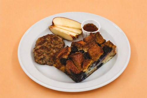  Baked French toast, served with warm cinnamon apples. 